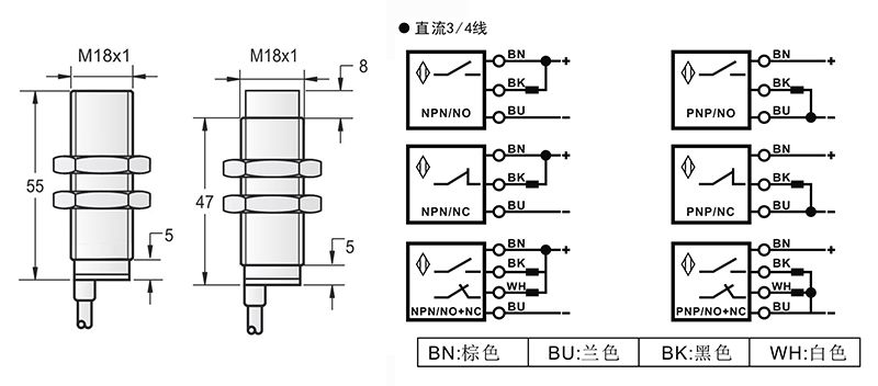 M18-55mm圓柱標準型接近開關出線式