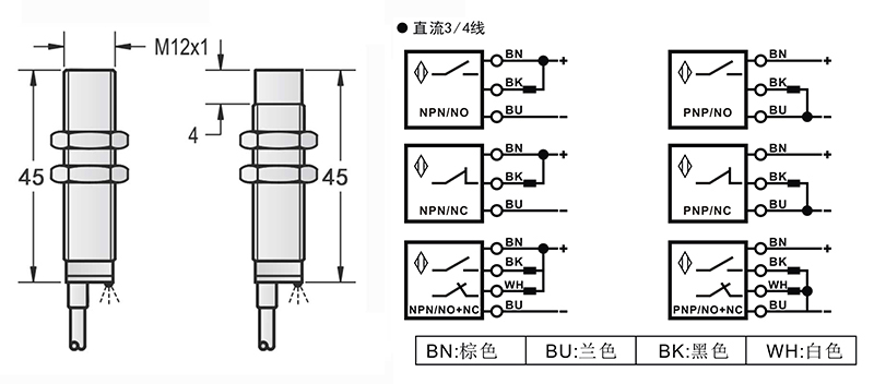 M12-45mm圓柱標(biāo)準(zhǔn)型接近開關(guān)出線式