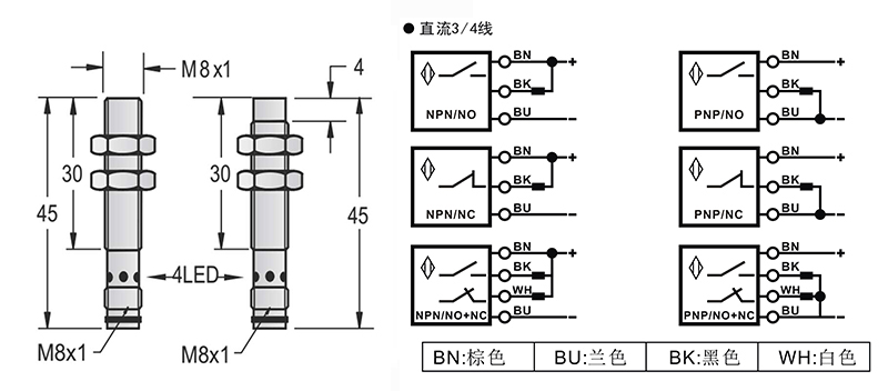 M8-M8-45mm圓柱標(biāo)準(zhǔn)型接近開關(guān)接頭式